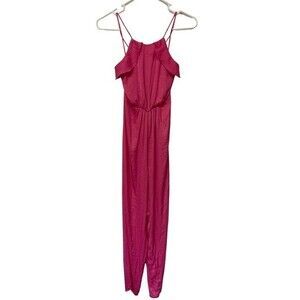 NWOT NSR Hot Pink Polkadot Satin Silky‎ Boho Wide Leg Blouson Jumpsuit Barbie XS